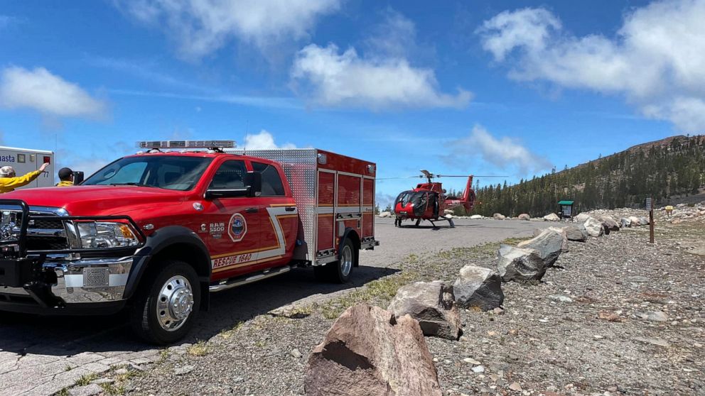 PHOTO: Rescue personnel airlift climbers, some in critical condition, off California's Mount Shasta on Monday, June 6, 2022. 