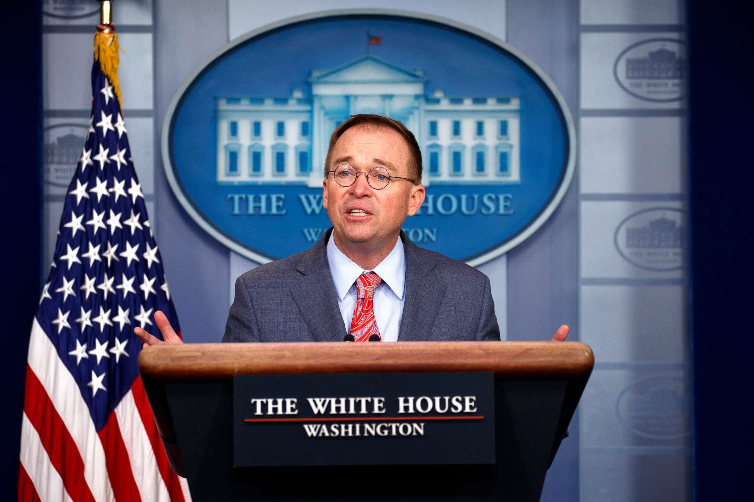 PHOTO: White House chief of staff Mick Mulvaney announces that the G7 will be held at Trump National Doral, Oct. 17, 2019, in Washington D.C. 