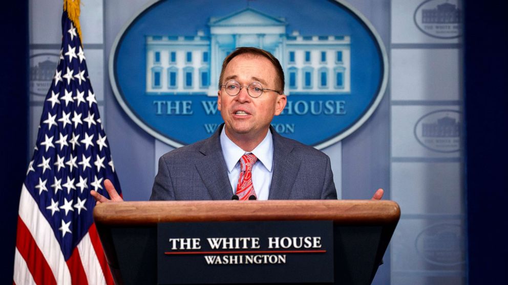 PHOTO: White House chief of staff Mick Mulvaney announces that the G7 will be held at Trump National Doral, Oct. 17, 2019, in Washington D.C. 