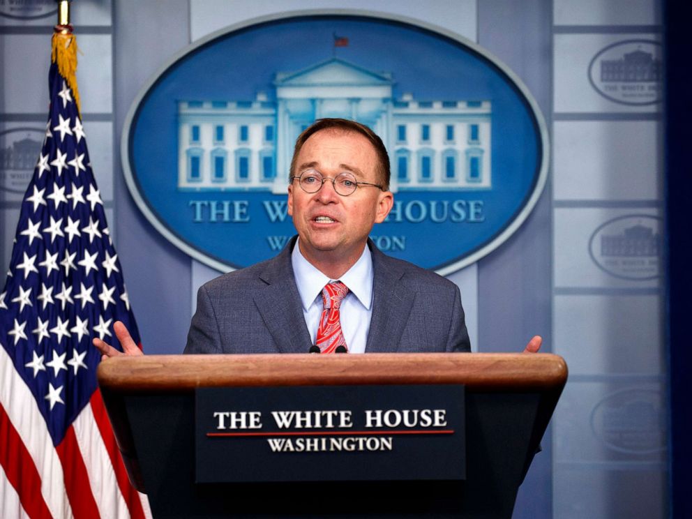 PHOTO: White House chief of staff Mick Mulvaney announces that the G7 will be held at Trump National Doral, Oct. 17, 2019, in Washington D.C.