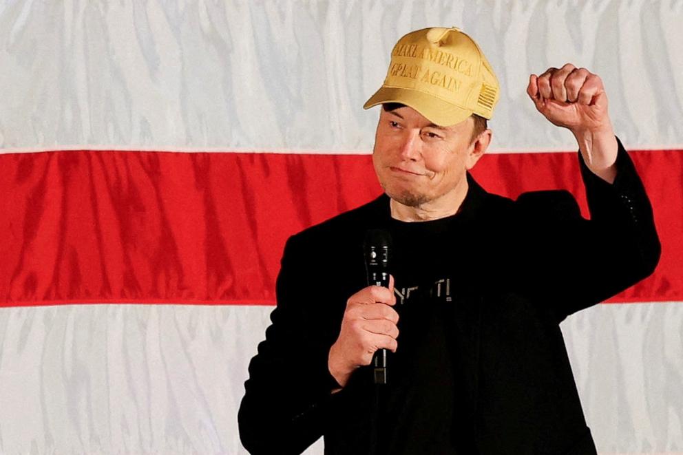 PHOTO: Tesla CEO and X owner Elon Musk gestures during an America PAC town hall in Folsom, Pennsylvania, on Oct. 17, 2024.