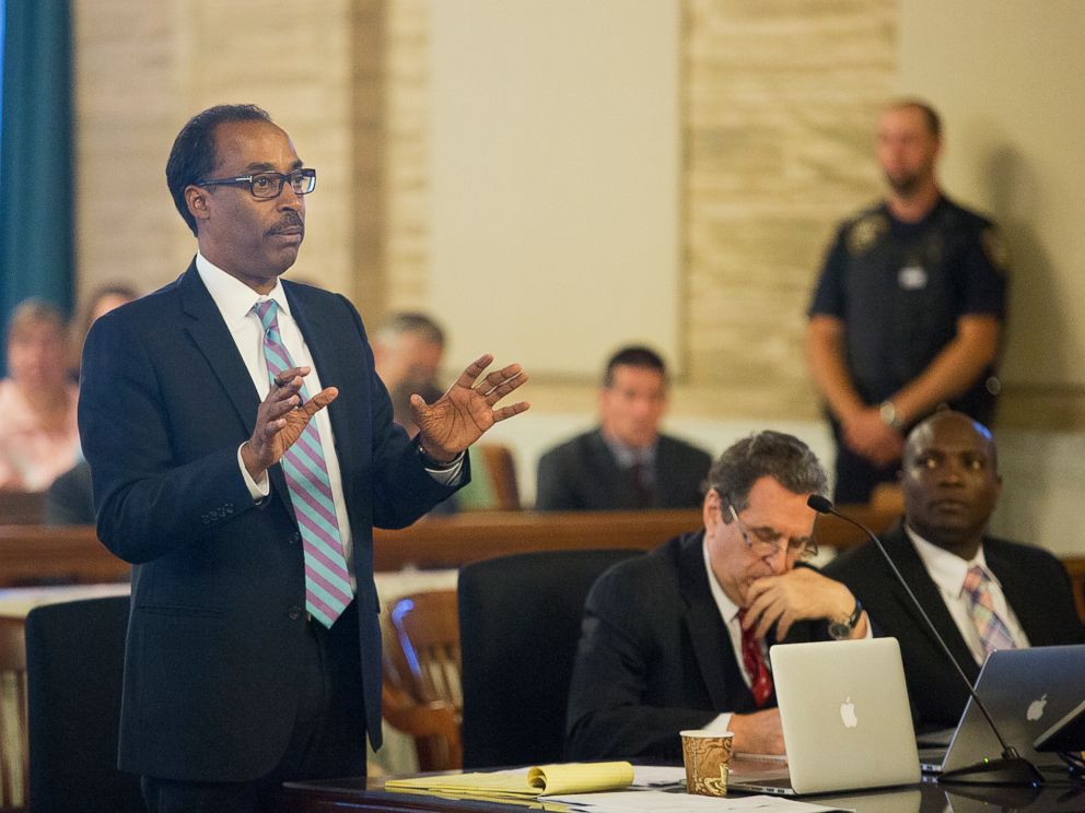 PHOTO: Attorney Earl S. Ward, presents opening statements Monday during the Oral "Nick" Hillary trial at the St. Lawrence County Courthouse in Canton, N.Y., Sept. 12, 2016. 