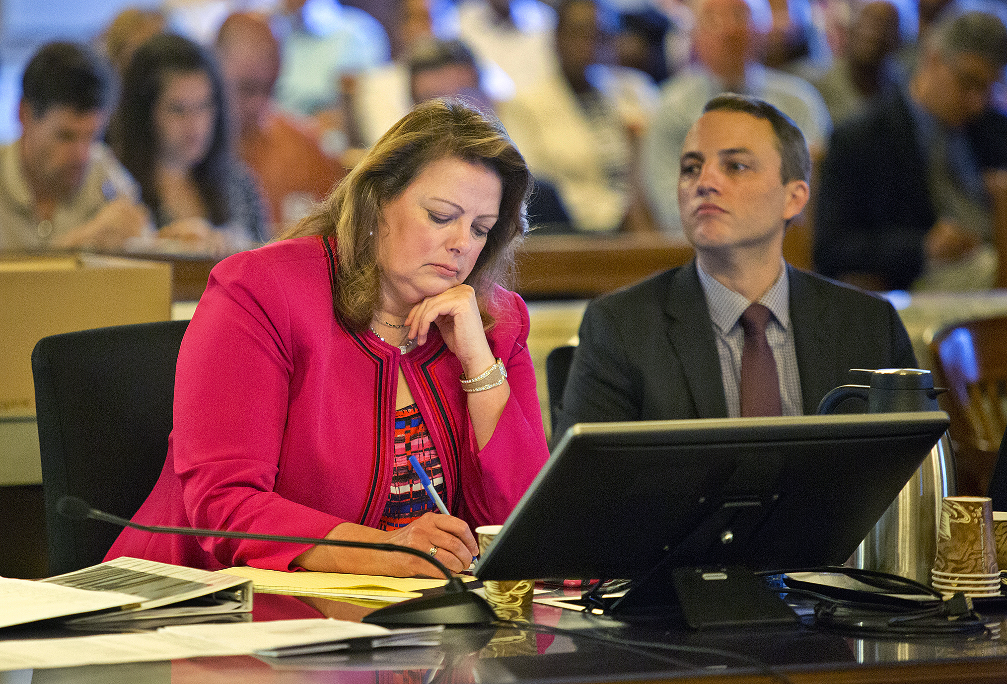 PHOTO: St. Lawrence County District Attorney Mary Rain takes notes during opening statement during the Oral "Nick" Hillary trial at the St. Lawrence County Courthouse in Canton, N.Y., Sept. 12, 2016.