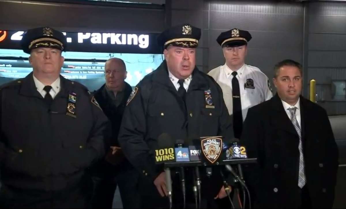 PHOTO: Personnel from the New York Police Department address the media after a housekeeper at a luxury hotel was hospitalized following an encounter with a powdery substance in a hotel room that was allegedly left by a man who trespassed on the property.