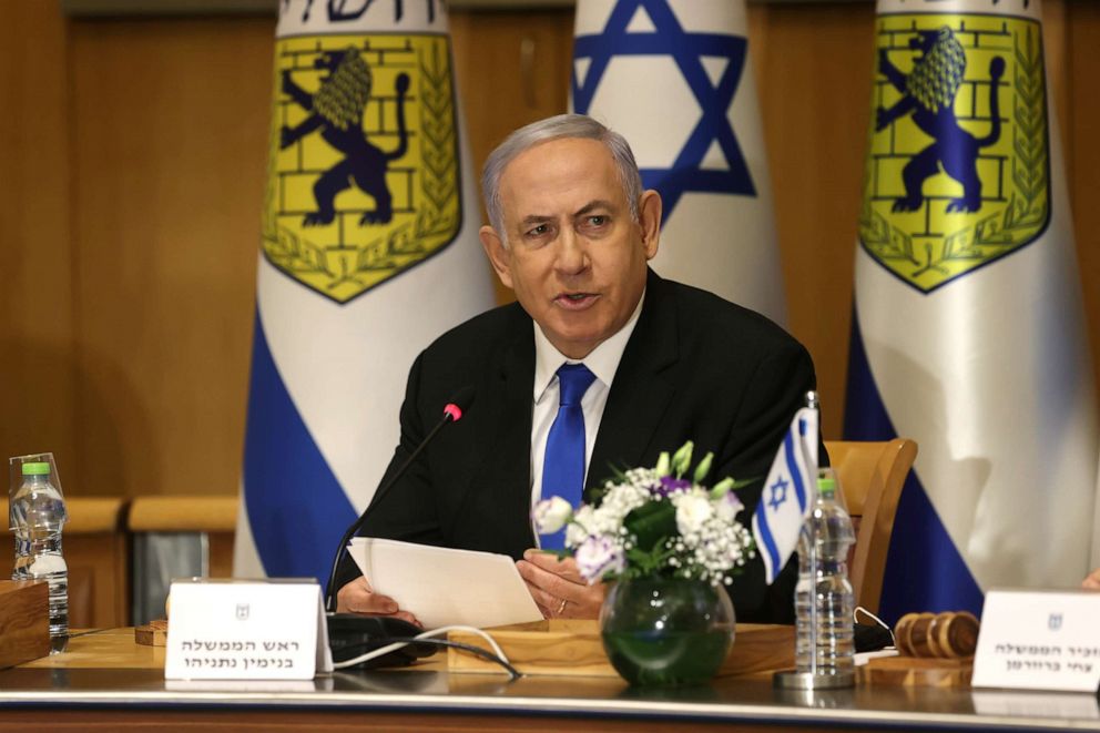 PHOTO: Israeli Prime Minister Benjamin Netanyahu attends a special cabinet meeting on the occasion of Jerusalem Day, in Jerusalem, May 9, 2021. 