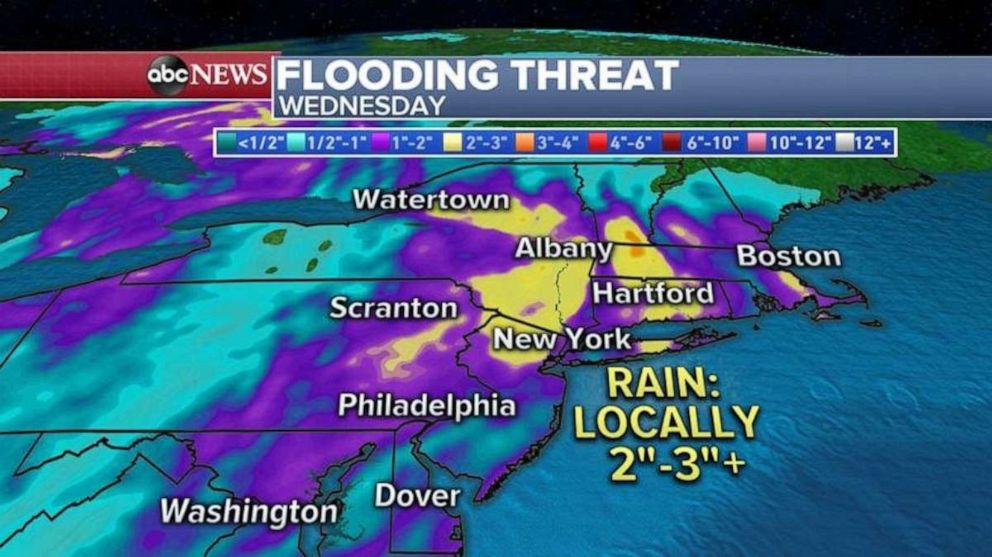 PHOTO: Locally more than 3 inches of rain could fall in the Northeast in a short period of time on Wednesday afternoon and evening.