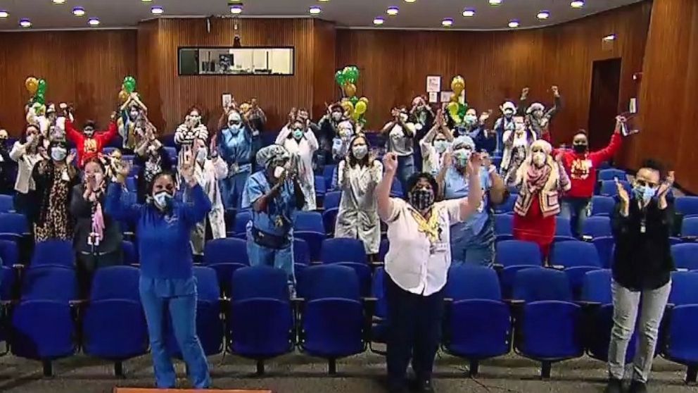 PHOTO: Nurses from the Lincoln Hospital in the Bronx react to receiving a dream vacation in "The View" Friday, May 8, 2020.