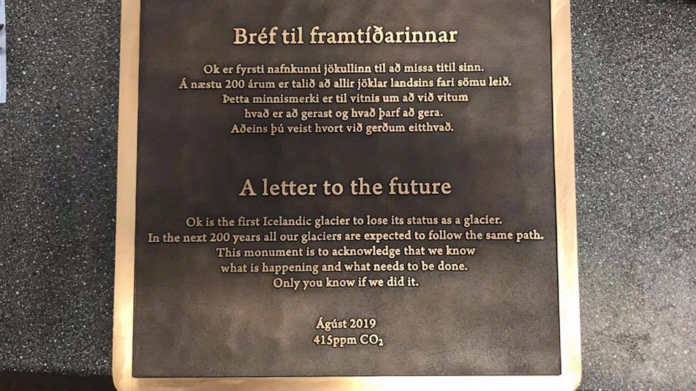 PHOTO: A plaque commemorates the Okjokull Glacier, the first to lose its glacier status, which will be unveiled at a memorial service in Iceland on Aug. 18. 