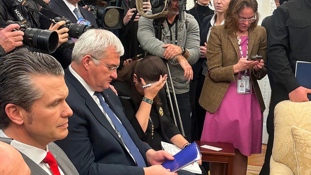 PHOTO: Ukrainian Ambassador Oksana Markarova with her head in her hands during a meeting between President Donald Trump and Ukraine's President Volodymyr Zelensky in the Oval Office of the White House in Washington, Feb. 28, 2025.