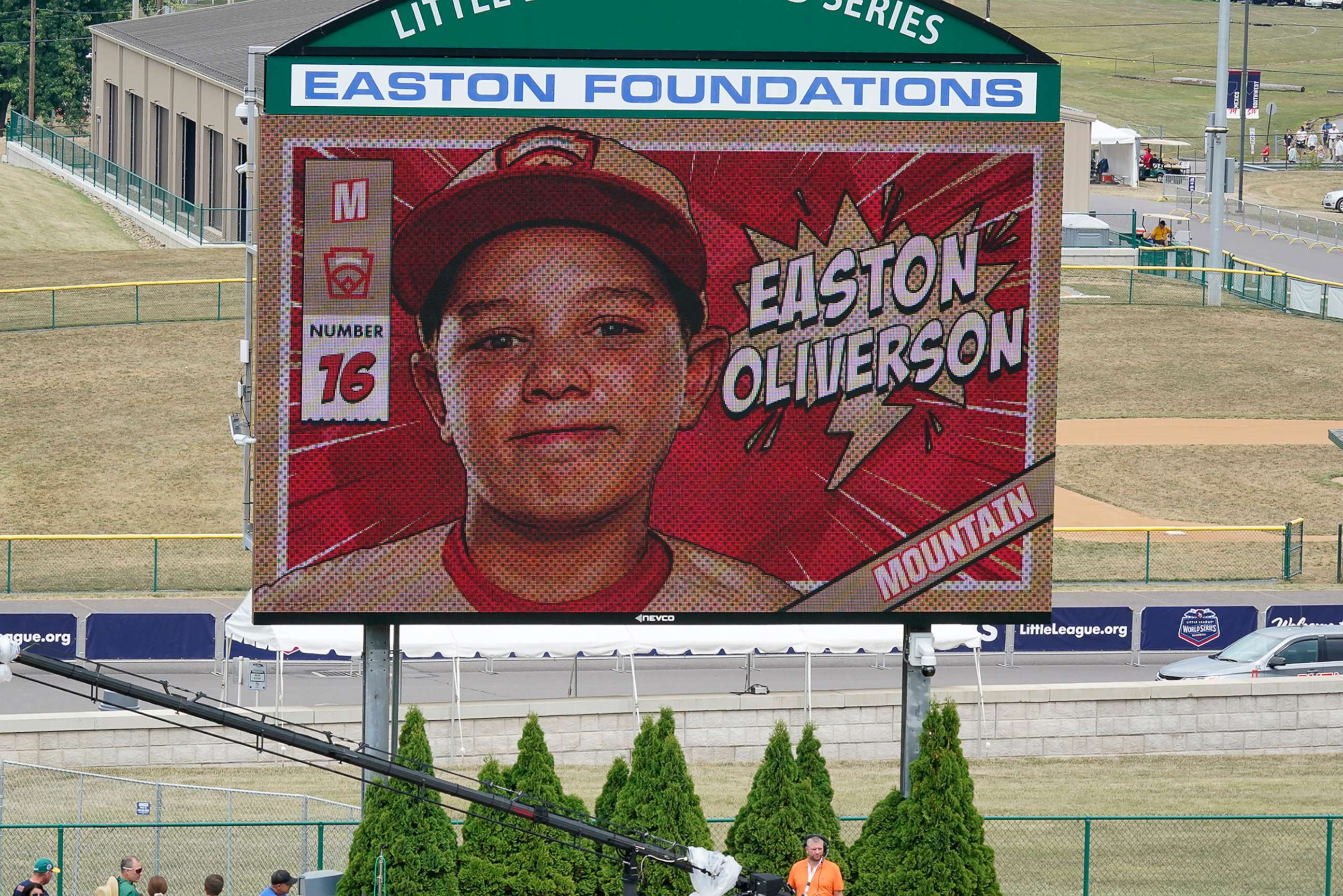 PHOTO: Easton Oliverson, from Santa Clara, Utah, is shown on the scoreboard during the opening ceremony of the 2022 Little League World Series baseball tournament in South Williamsport, Pa., Aug 17, 2022. 