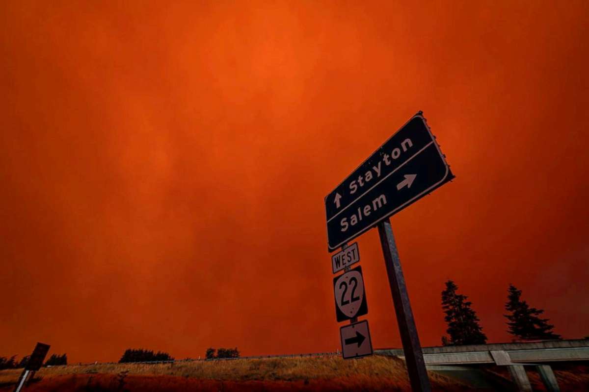 PHOTO: Red sky and thick smoke are seen in Salem City, Oregon, U.S., September 8, 2020, in this picture obtained from social media. Picture taken September 8, 2020. 