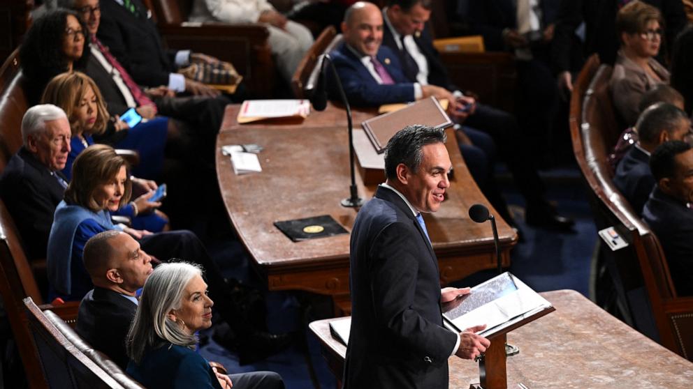 PHOTO: Pete Aguilar delivers a nomination speech for House Minority Leader Hakeem Jeffries during the first session of the 119th Congress, ahead of the vote for Speaker of the House in the House Chamber at the Capitol in Washington, Jan. 3, 2025.