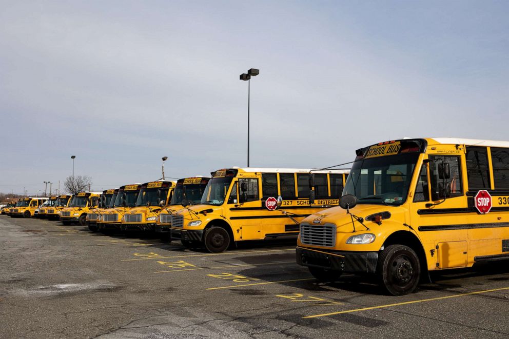 PHOTO: School District of Philadelphia buses parked in a lot while public schools remain temporarily closed for in-person learning in Philadelphia, Jan. 6, 2022. 