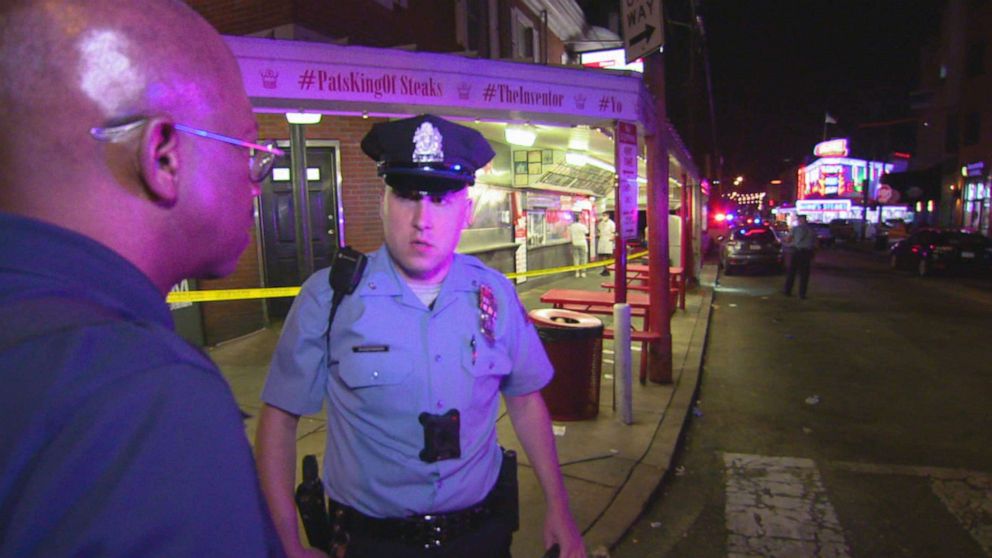 PHOTO: ABC News Chief Justice Correspondent Pierre Thomas embedded with the Philadelphia Police Department, during which there was a shooting in front of tourist destination Pat's King of Steaks. 