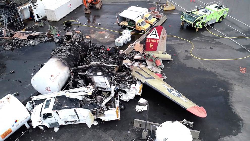 PHOTO: This image taken from video provided by National Transportation Safety Board shows damage from a World War II-era B-17 bomber plane that crashed Wednesday at Bradley International Airport, Thursday, Oct. 3, 2019, in Windsor Locks, Conn. 