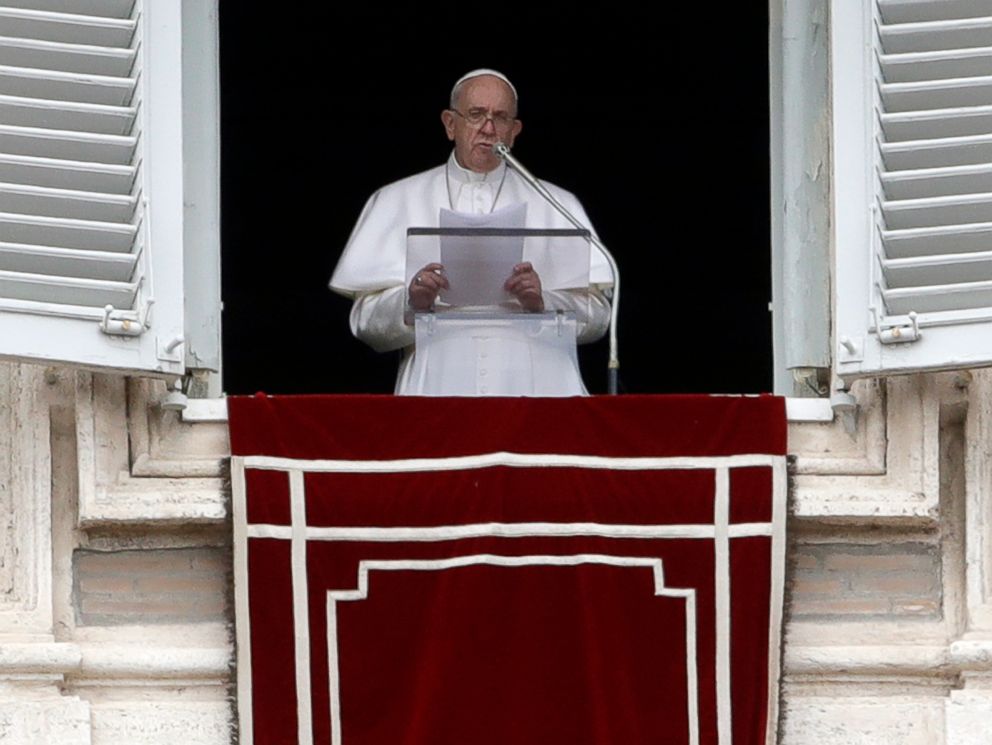 PHOTO: Pope Francis delivers his message during the Angelus noon prayer from the window of his studio overlooking St.Peters Square, at the Vatican, March 17, 2019.