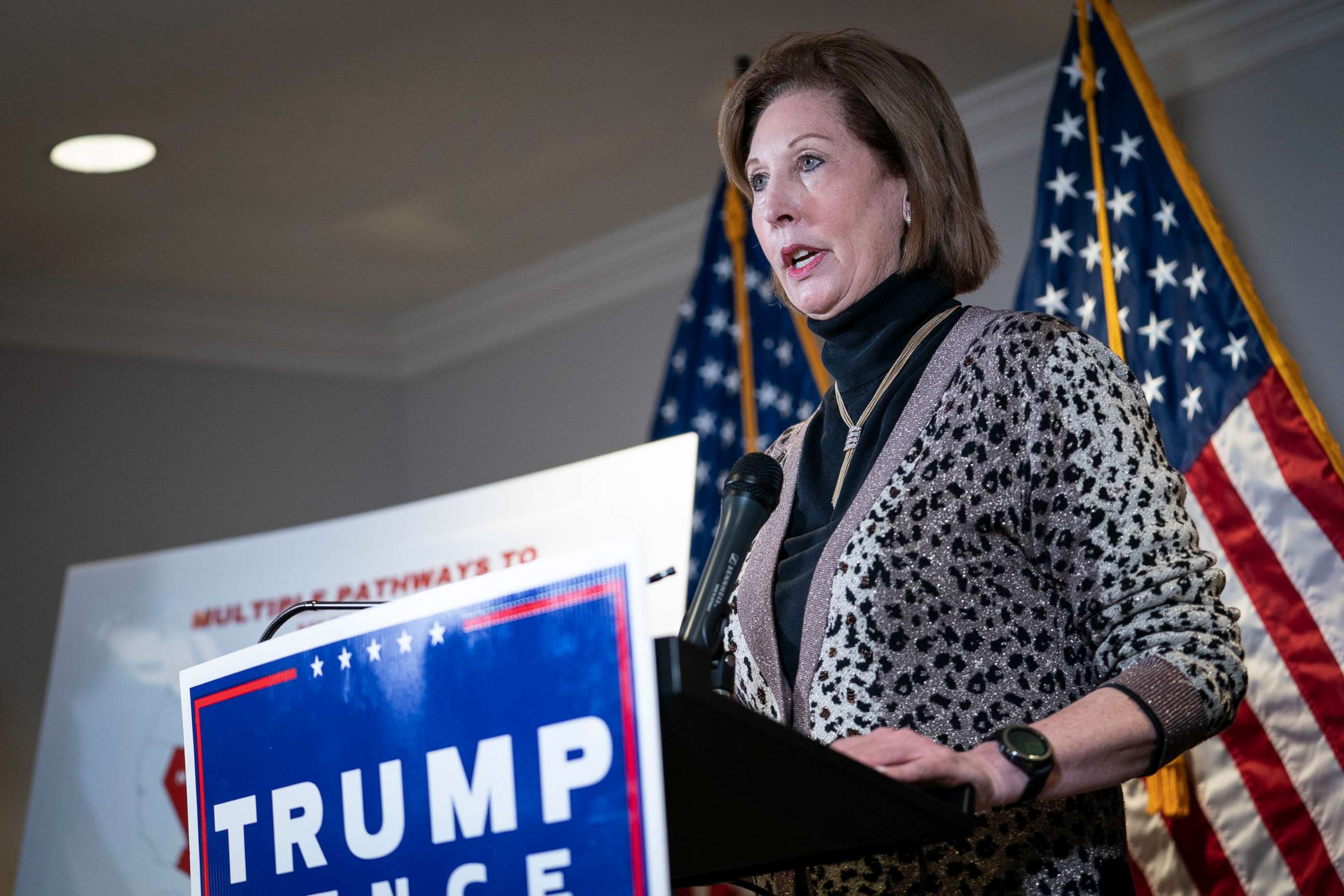 PHOTO: Attorney Sidney Powell speaks during a news conference with Rudy Giuliani, lawyer for President Donald Trump, about lawsuits contesting the results of the presidential election in Washington, D.C., Nov. 19, 2020. 