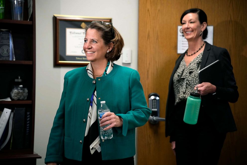 PHOTO: Deputy Attorney General Lisa Monaco, front, and Colette Peters, director of the federal Bureau of Prisons, enter an interview, April 25, 2023, in Aurora, Colo.