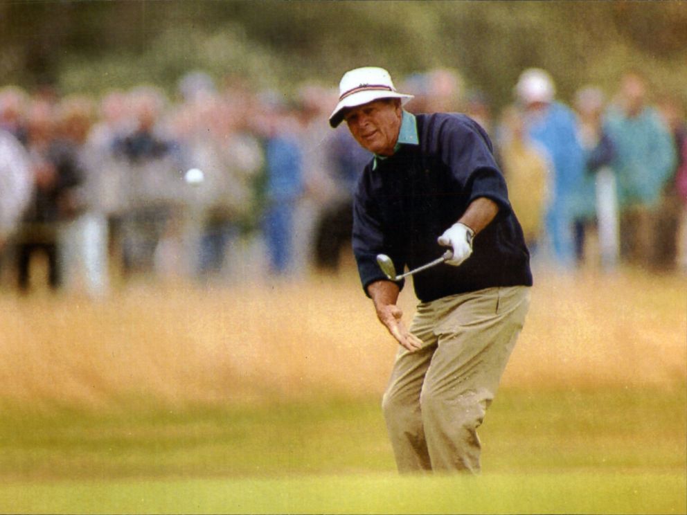 PHOTO: Golfer Arnold Palmer plays golf in this 1992 file photo at the British Seniors Open At The Royal Lytham St Annes Course.