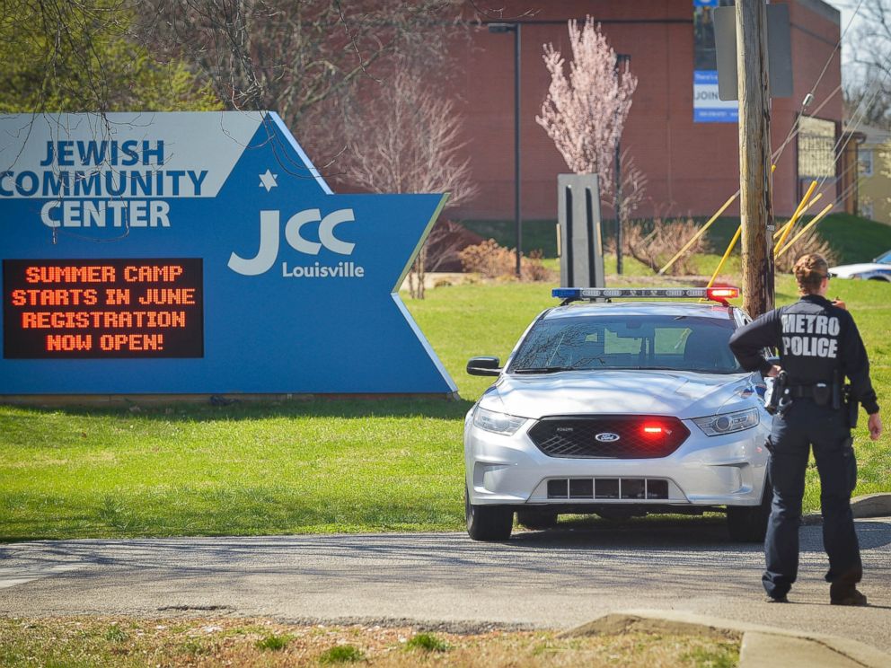 PHOTO: A police officer blocks an entrance as officials respond to a bomb threat at the Jewish Community Center in Louisville, Ky., March 8, 2017.