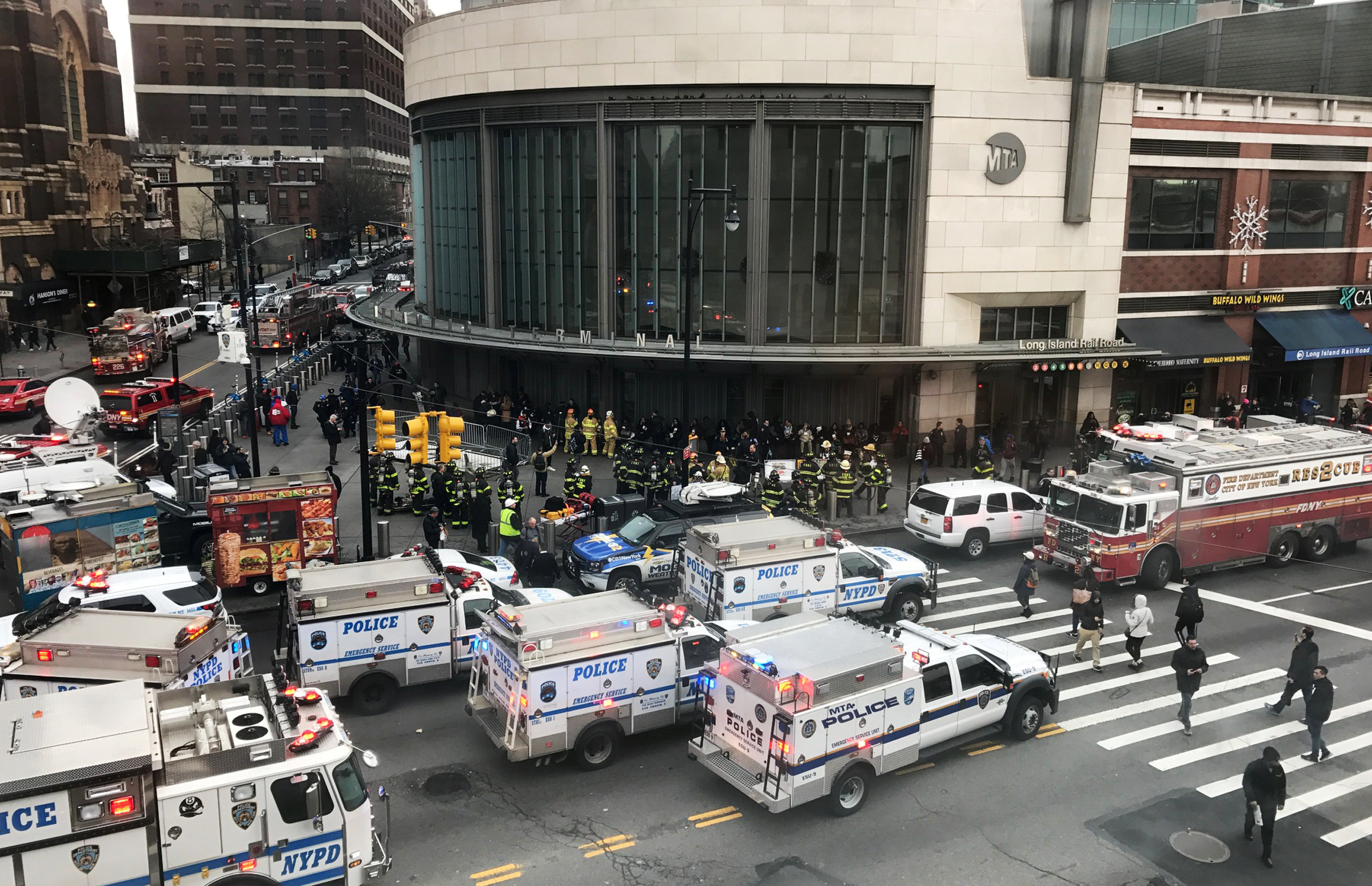 PHOTO: Emergency vehicles gather at the Atlantic Avenue Terminal after a commuter train derailed, Jan. 4, 2017, in Brooklyn, New York.