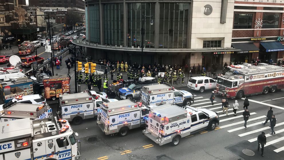 PHOTO: Emergency vehicles gather at the Atlantic Avenue Terminal after a commuter train derailed, Jan. 4, 2017, in Brooklyn, New York.