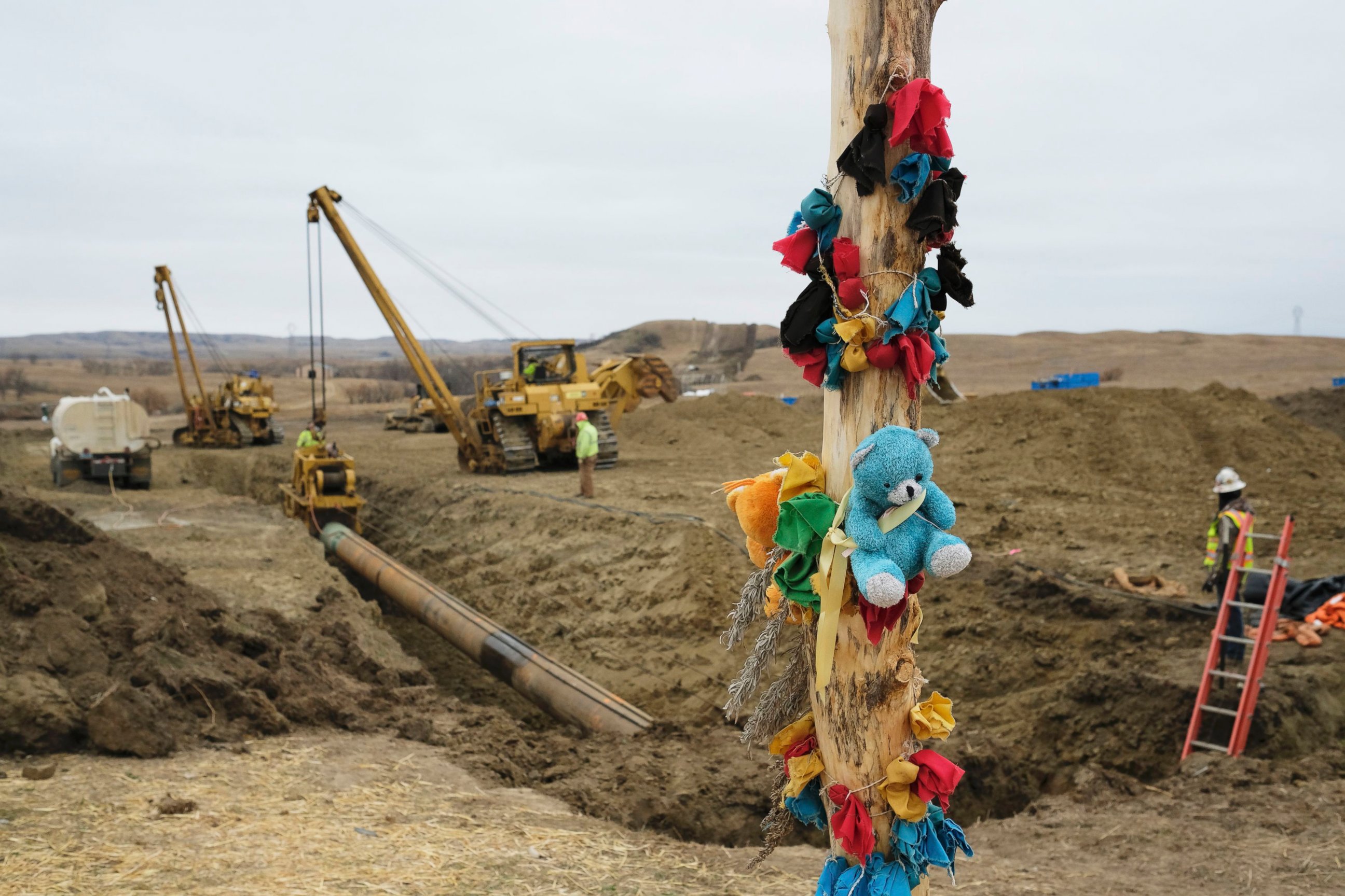 PHOTO: A log adorned with colorful decorations remains at a Dakota Access Pipeline protest encampment as construction work continues on the pipeline near the town of Cannon Ball, North Dakota, Oct. 30, 2016. 