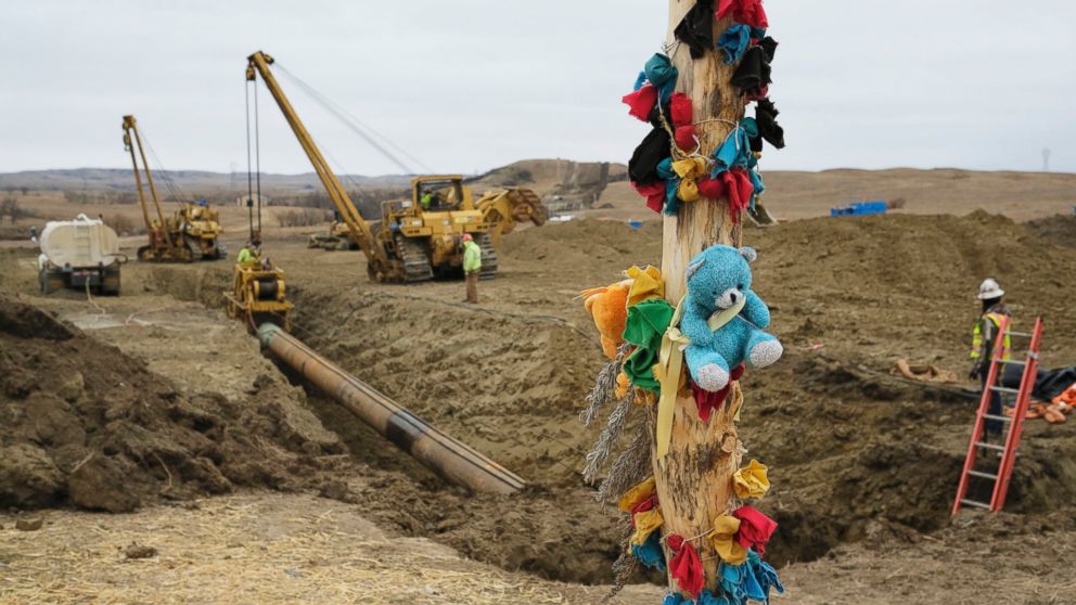 PHOTO: A log adorned with colorful decorations remains at a Dakota Access Pipeline protest encampment as construction work continues on the pipeline near the town of Cannon Ball, North Dakota, Oct. 30, 2016.
