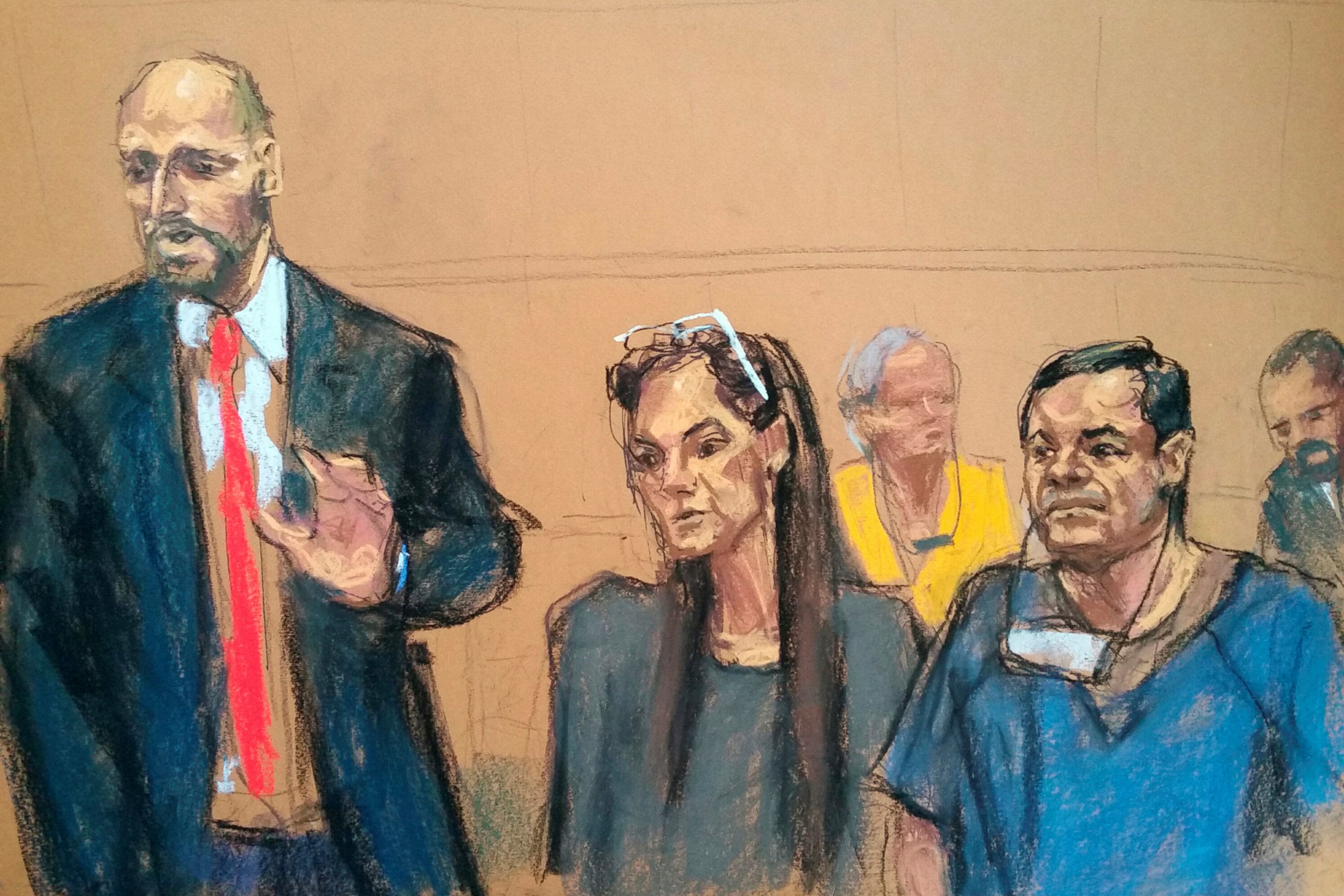 PHOTO: Joaquin "El Chapo" Guzman, right, and his attorneys Michael Schneider, left, and Michelle Gelernt are shown in a sketch of a court appearance at the Brooklyn Federal Courthouse in Brooklyn, New York, May 5, 2017. 