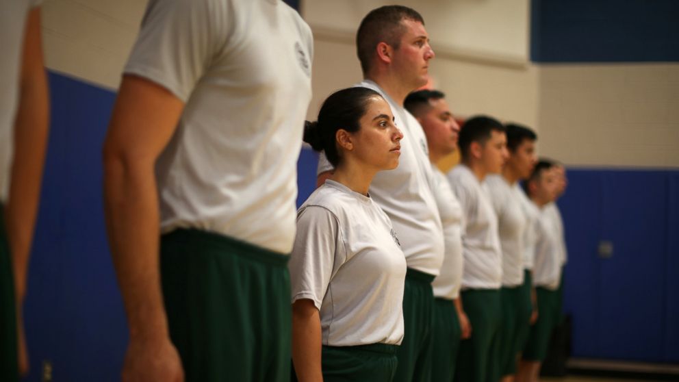 Border patrol trainee Stevany Shakare, from Iraq, takes part in a physical training class at the United States Border Patrol Academy in Artesia, New Mexico, June 8, 2017. 