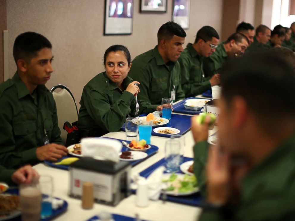 PHOTO: Border patrol trainee Stevany Shakare eats lunch with other trainees at the United States Border Patrol Academy in Artesia, New Mexico, June 8, 2017.