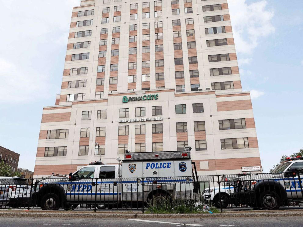 PHOTO: Police vehicles line the streets outside the hospital after an incident in which a gunman fired shots inside the Bronx-Lebanon Hospital in New York City, June 30, 2017.