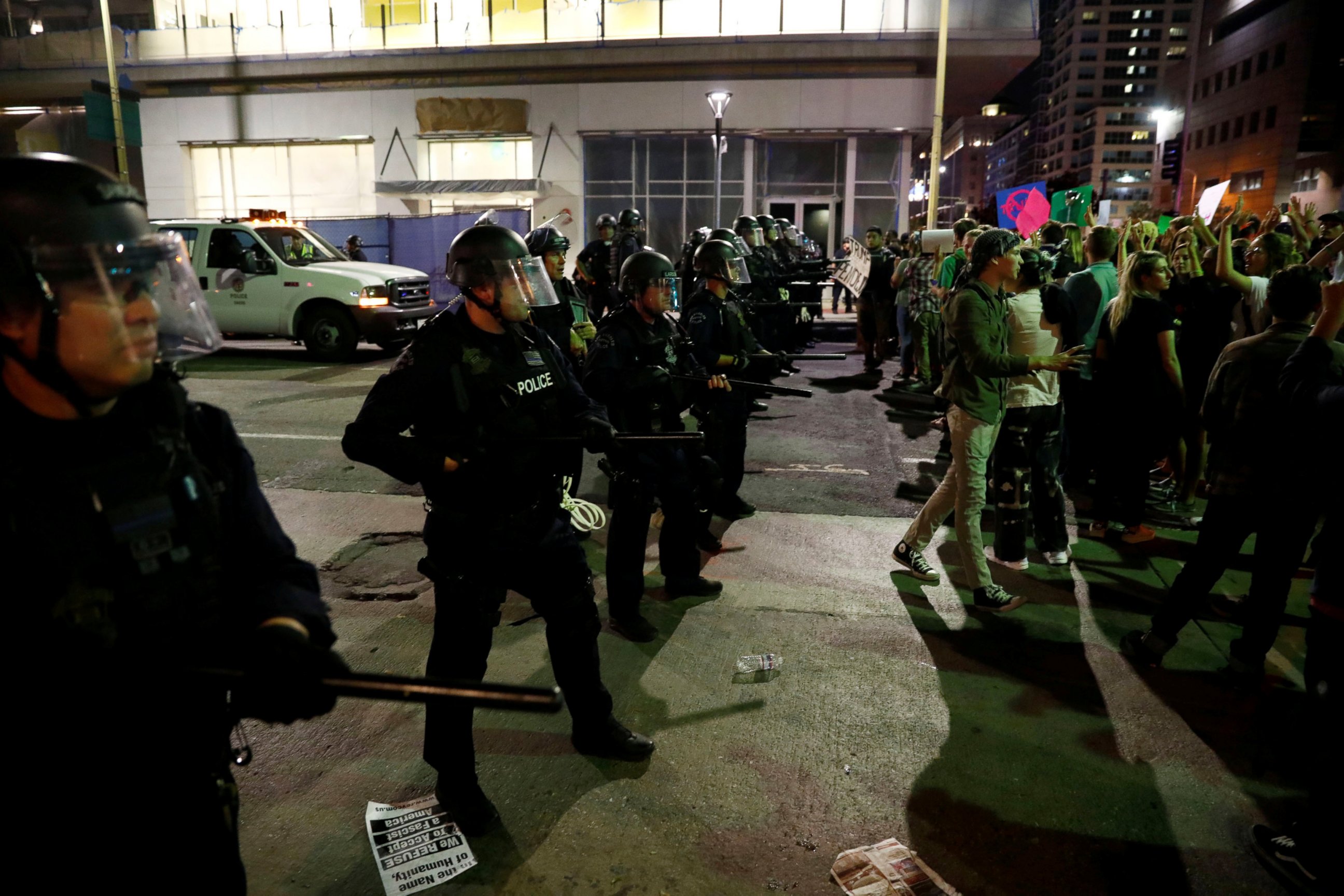 PHOTO: Demonstrators are blocked by an LAPD skirmish line during a march through the streets of downtown Los Angeles in protest in Los Angeles,  Nov. 11, 2016.