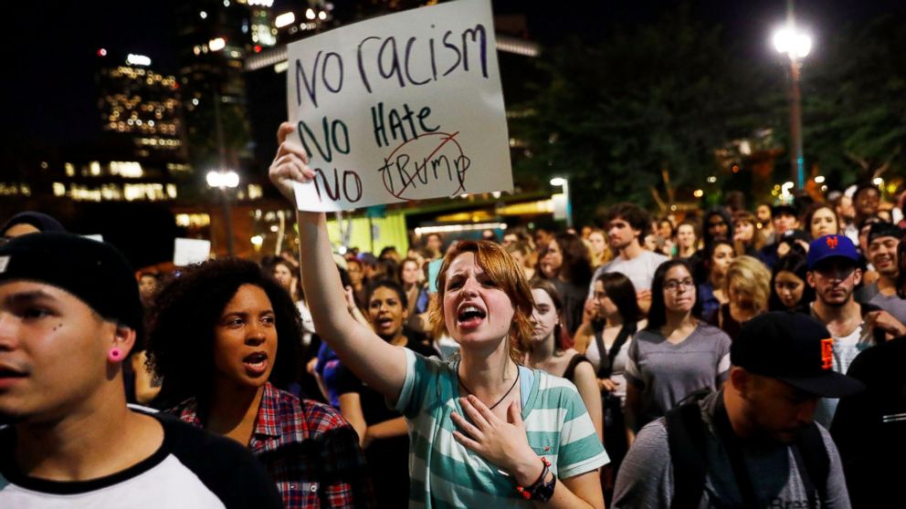 Demonstrators protest outside of City Hall following the election of Republican Donald Trump as President of the United States in downtown Los Angeles, California, Nov. 10, 2016. 