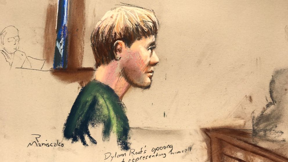 PHOTO: Dylann Roof, who is facing the death penalty for the hate-fueled killings of nine black churchgoers, makes his opening statement at his trial in this courtroom sketch in Charleston, South Carolina, Jan. 4, 2017. 