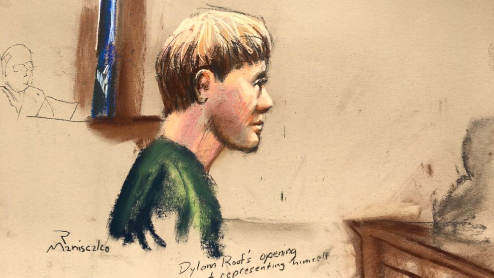 Dylann Roof, who is facing the death penalty for the hate-fueled killings of nine black churchgoers, makes his opening statement at his trial in this courtroom sketch in Charleston, South Carolina, Jan. 4, 2017. 