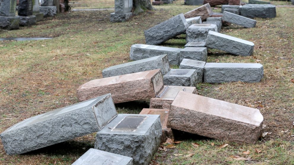 PHOTO: A row of toppled Jewish headstones is seen after a weekend vandalism attack on Chesed Shel Emeth Cemetery in University City, a suburb of St Louis, Missouri, Feb. 21, 2017.