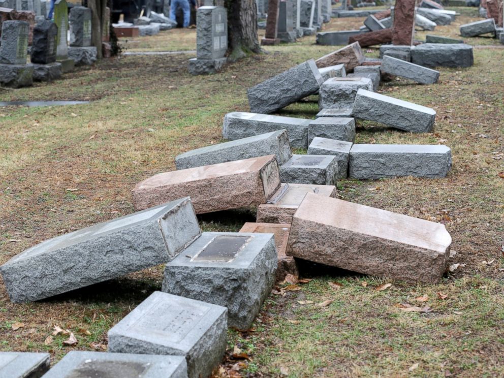 PHOTO: A row of toppled Jewish headstones is seen after a weekend vandalism attack on Chesed Shel Emeth Cemetery in University City, a suburb of St Louis, Missouri, Feb. 21, 2017.