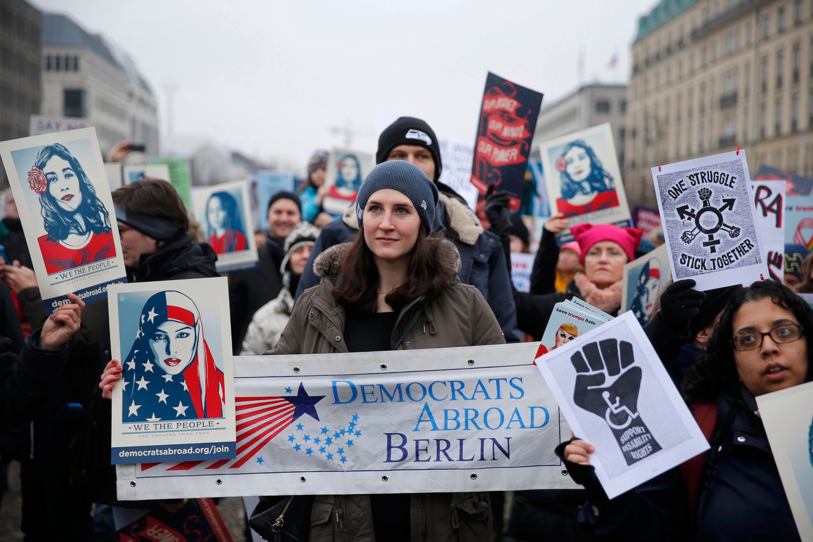 PHOTO: People gather in front of the U.S. Embassy on Pariser Platz beside Brandenburg Gate in solidarity with the Women's March in Washington and around the world, in Berlin, Germany, Jan. 21, 2017.  