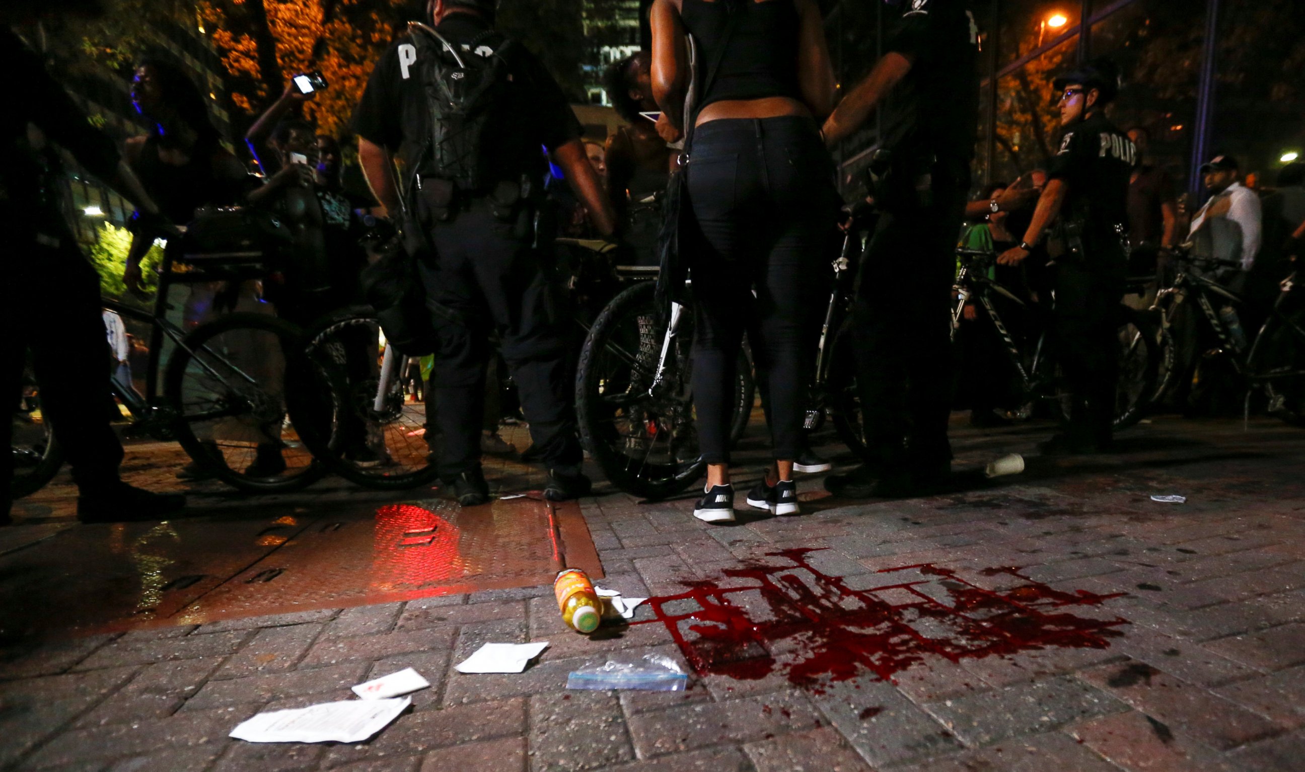 PHOTO: Blood covers the pavement where a person was shot in Charlotte, North Carolina during a protest, Sept. 21, 2016.