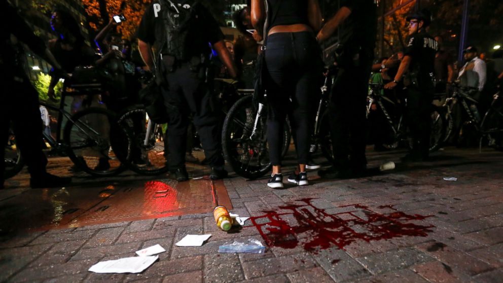 PHOTO: Blood covers the pavement where a person was shot in Charlotte, North Carolina during a protest, Sept. 21, 2016.