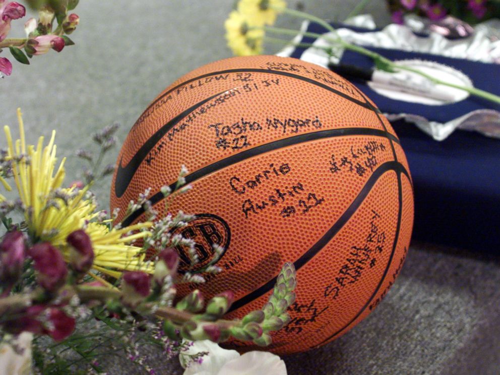 PHOTO: A basketball signed by the Columbine girls team sits near Dave Sanders casket April 26, 1999 prior to the start of the teachers funeral service in Littleton, Colo.