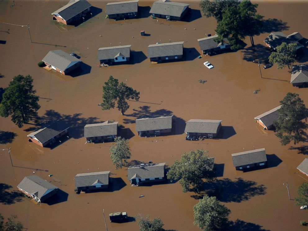 PHOTO: An aerial view of a neighborhood that was flooded after Hurricane Matthew, on Oct. 10, 2016, in Lumberton, North Carolina.
