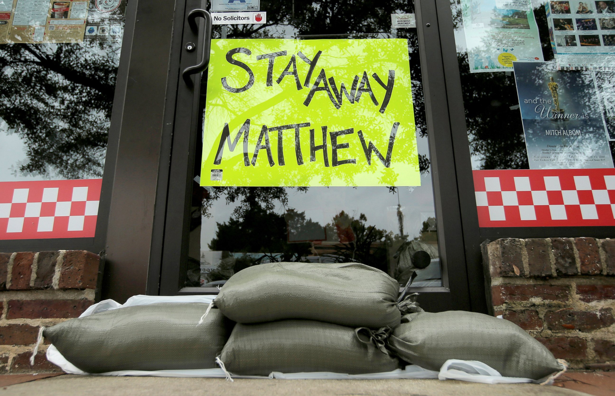 PHOTO: Sandbags are seen in front of a business ahead of Hurricane Matthew in Georgetown, South Carolina, Oct. 6, 2016.