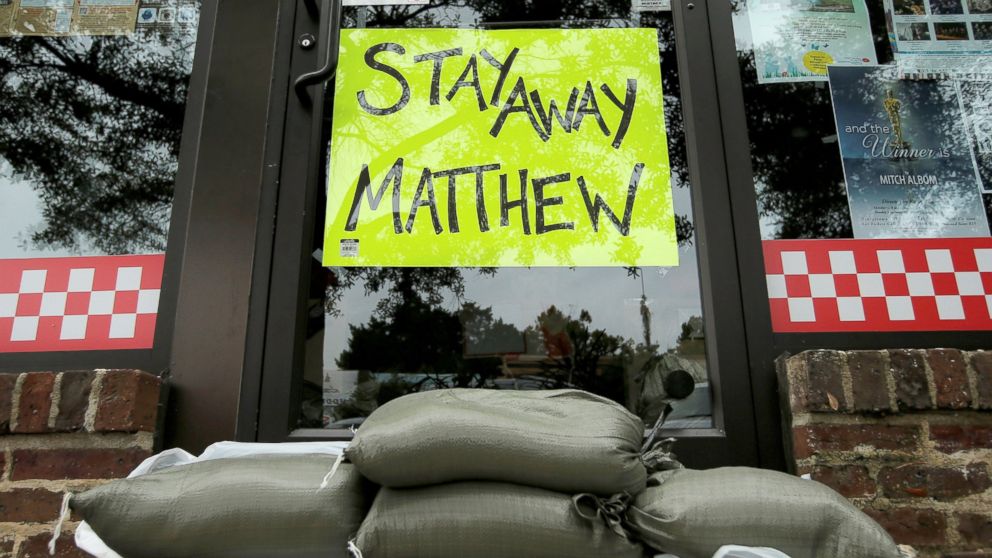 PHOTO: Sandbags are seen in front of a business ahead of Hurricane Matthew in Georgetown, South Carolina, Oct. 6, 2016.