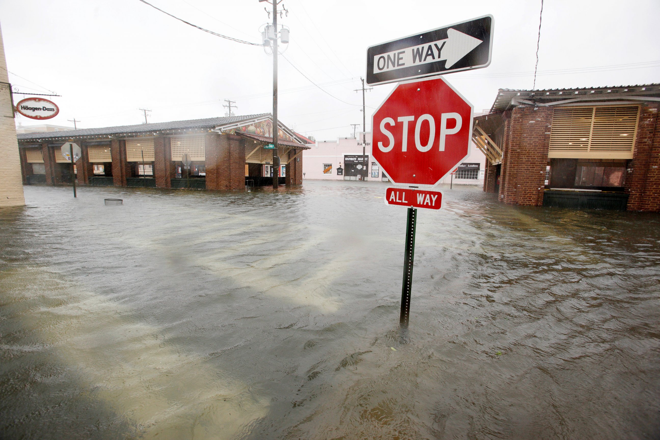 PHOTO: Flood waters submerge the historic city market area as Hurricane Matthew hits Charleston, South Carolina, Oct. 8, 2016.  