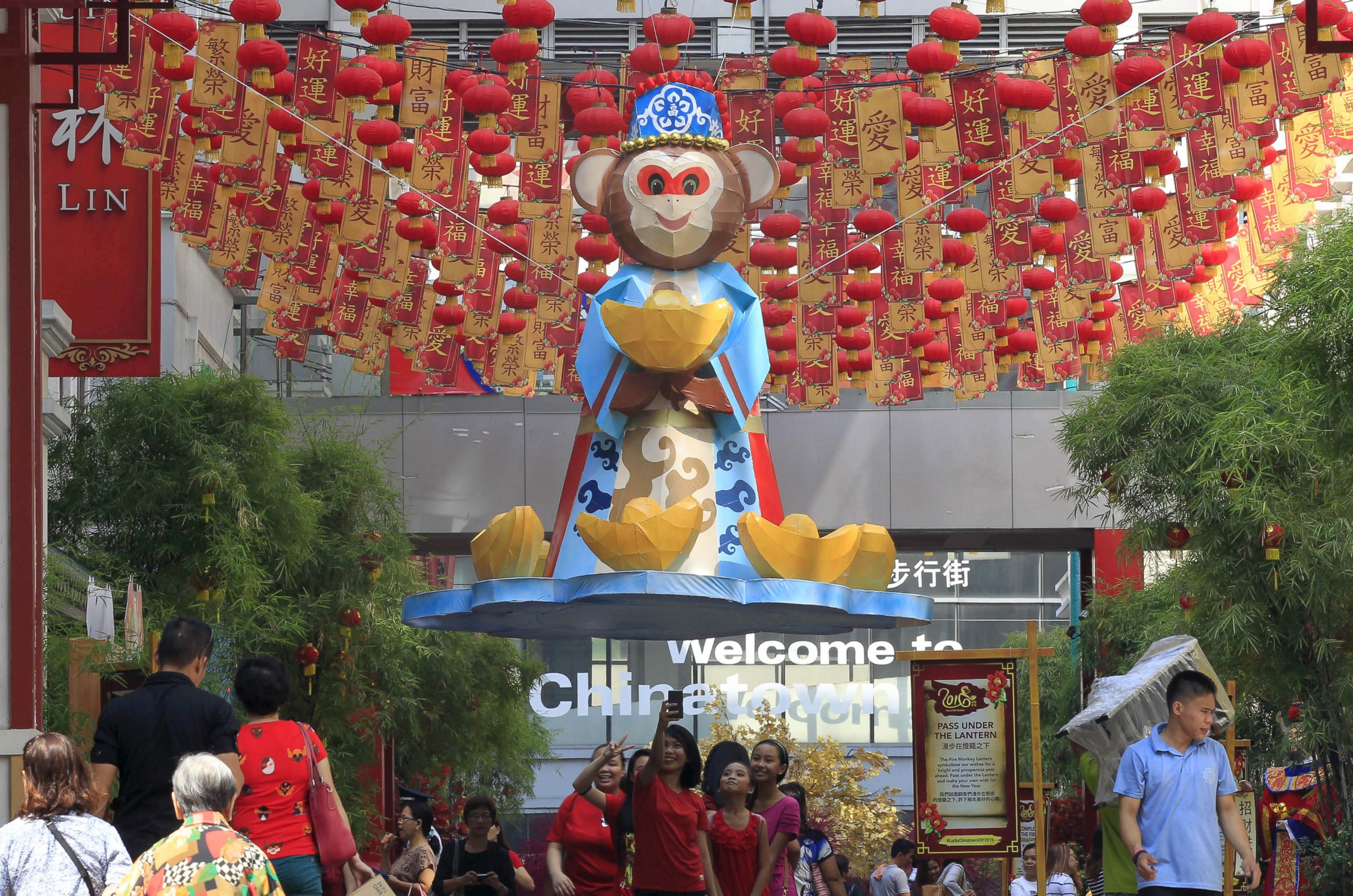PHOTO: A giant wooden made monkey is seen as part of decorations in preparations for the coming Chinese New Year celebrations on Feb. 8, 2016 in Chinatown in Manila, Feb. 5, 2016. 