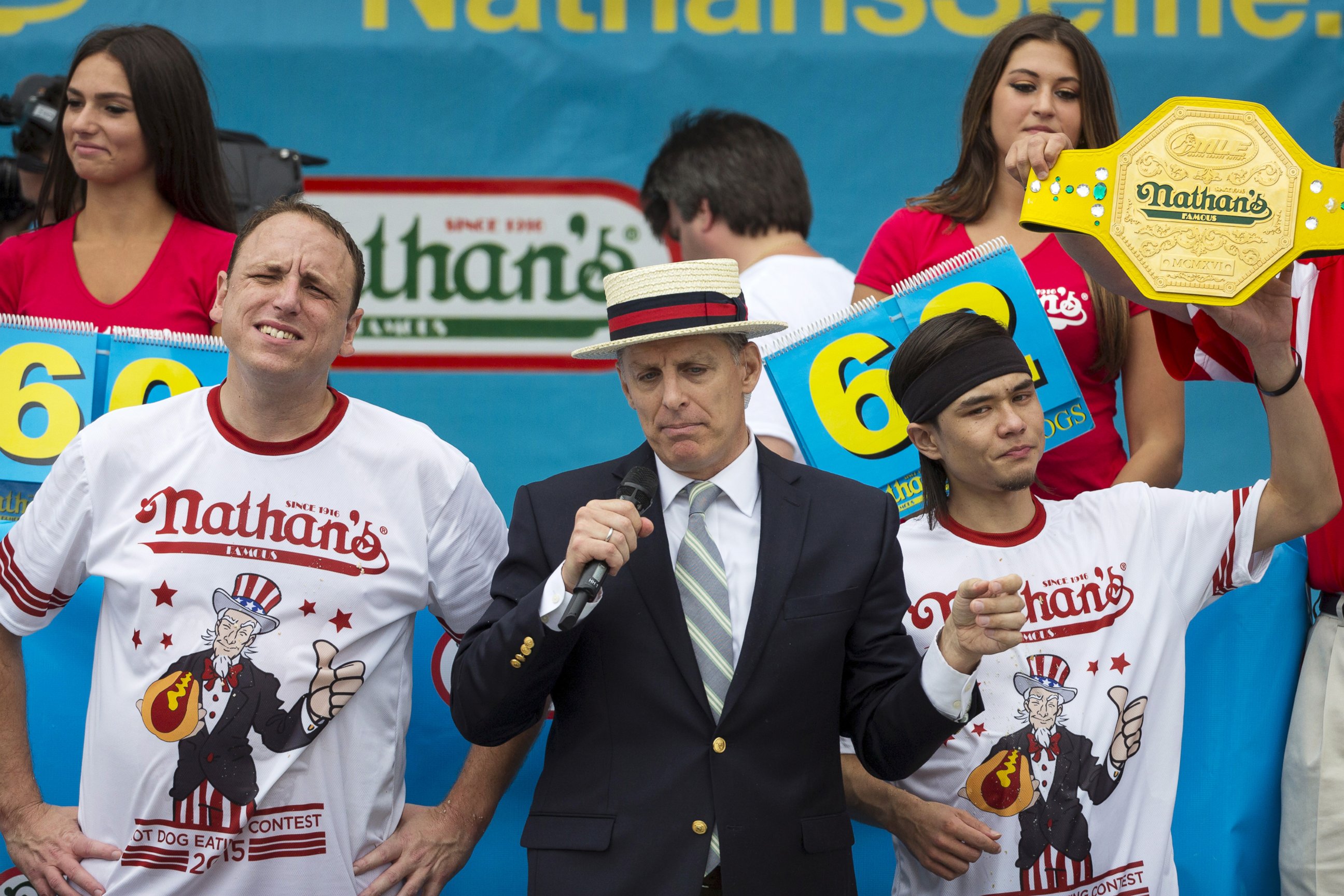 PHOTO: Matt Stonie (R) is crowned winner of the annual Fourth of July 2015 Nathan's Famous Hot Dog Eating Contest in Brooklyn, New York July 4, 2015.