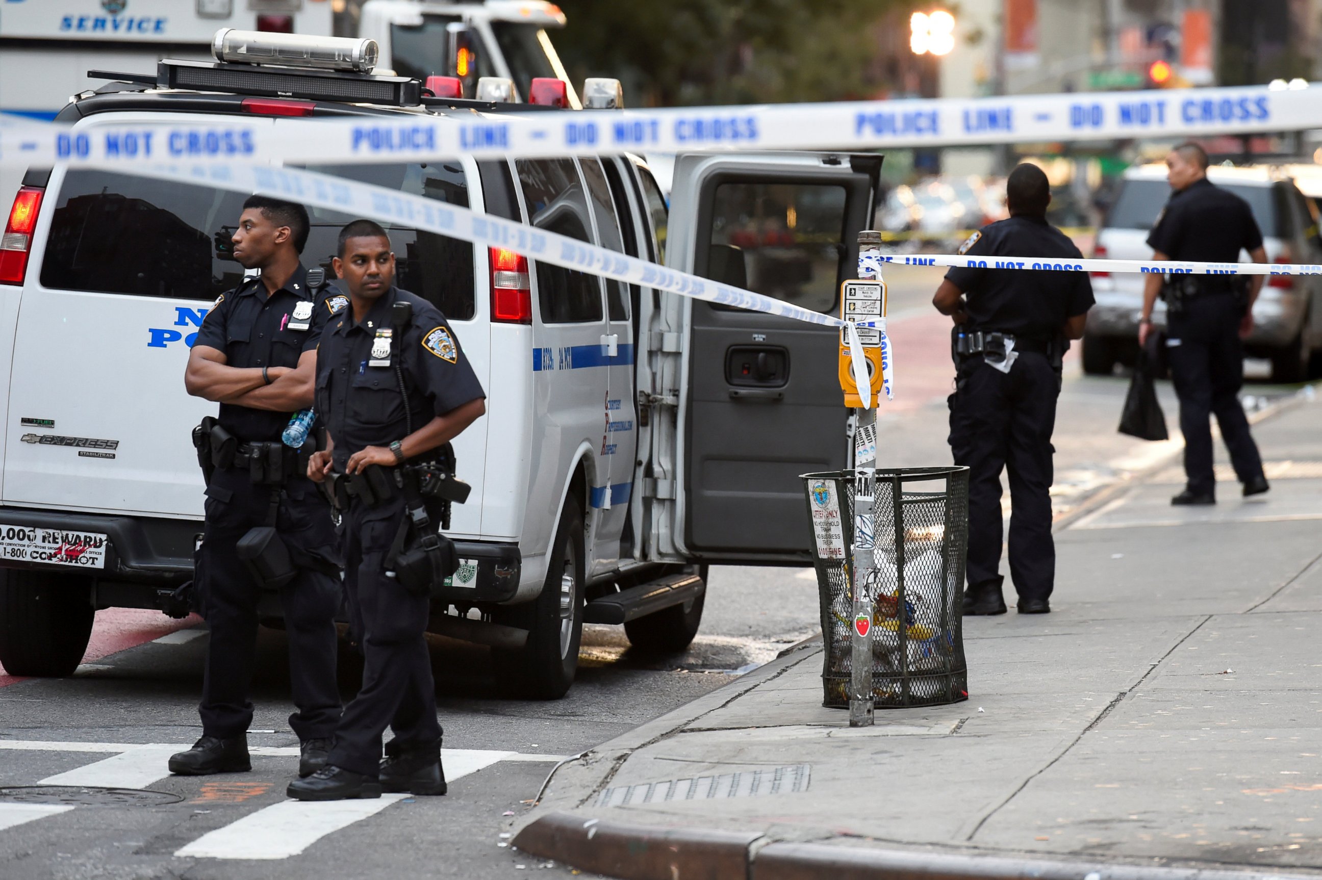PHOTO: New York City Police Department (NYPD) officers stand near the site of an explosion in Manhattan's Chelsea neighborhood in New York, Sept. 18, 2016.  