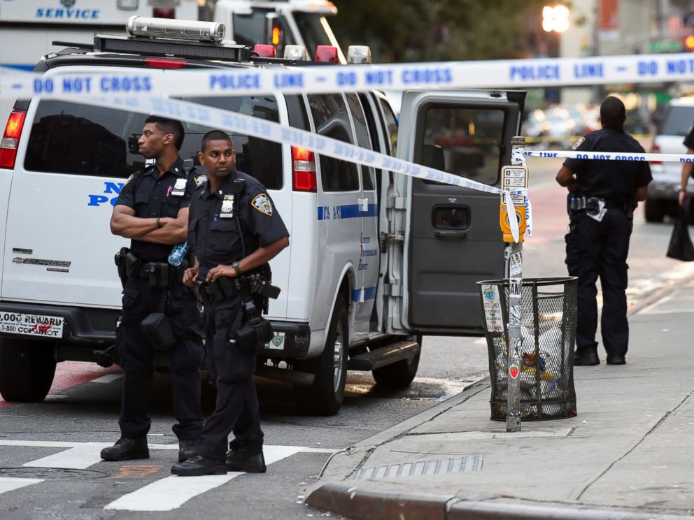 PHOTO: New York City Police Department (NYPD) officers stand near the site of an explosion in Manhattans Chelsea neighborhood in New York, Sept. 18, 2016.